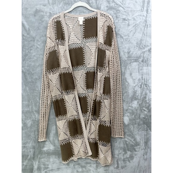 Chico's Sweaters - Chicos Crochet Size 3/XL Patchwork Cardigan Longline Faux Suede Beige Brown Boho